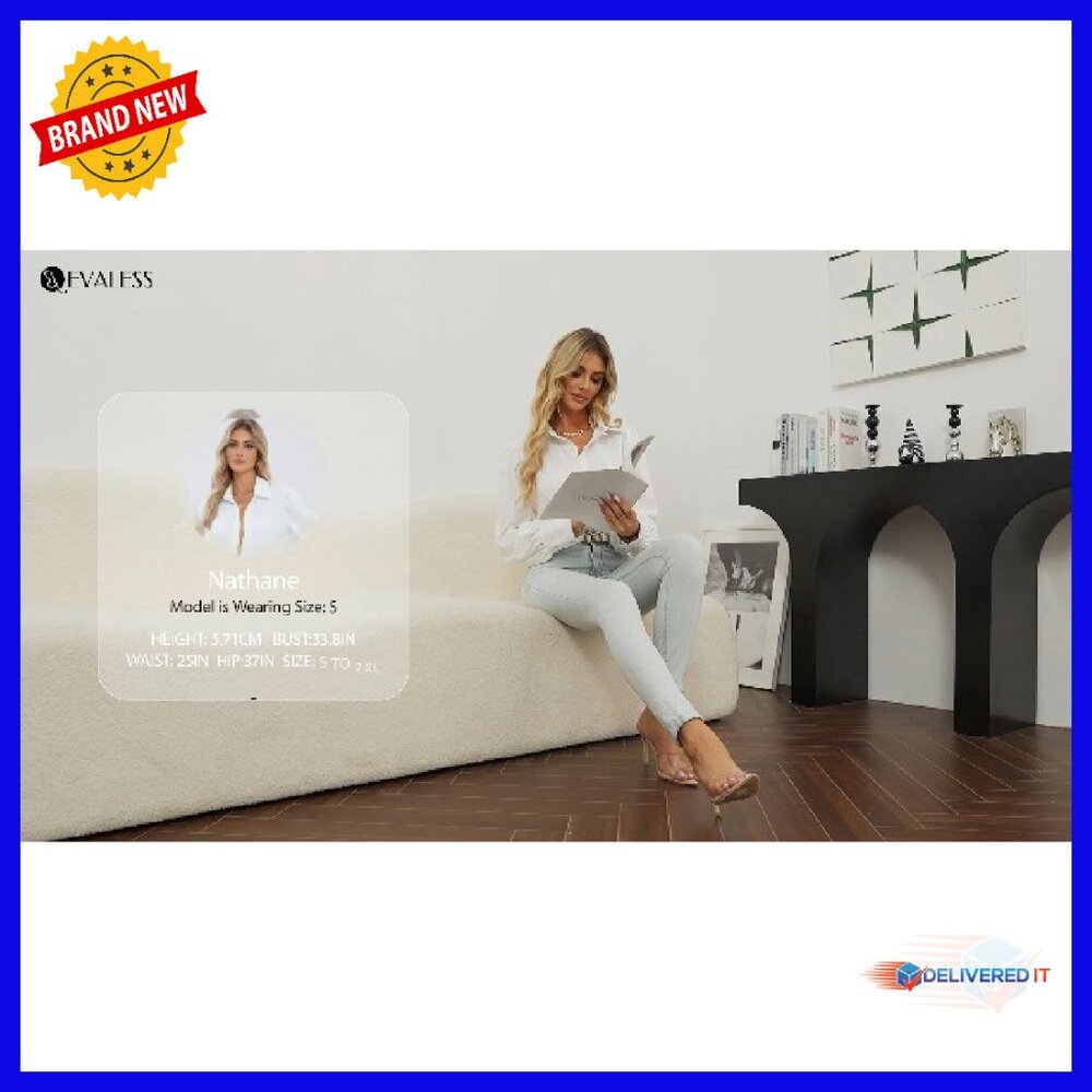 Long Sleeve Button Down Blouse, Polyester, Deep V… - image 8